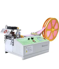 WEBBING CUTTER, AUTOMATIC HOT AND COLD BRAIDED TAPE CUTTING MACHINE.