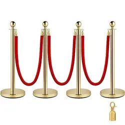 BESTEQUIP 4PCS GOLD STANCHION POSTS QUEUE, 38 INCH RED VELVET ROPE