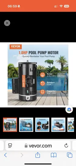 VEVOR 1 HP POOL PUMP MOTOR, 56Y FRAME, 115V(9 AMPS)/230V(4.5 AMPS) 3450RPM