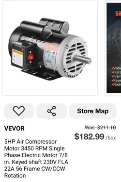 VEVOR 5HP SPL AIR COMPRESSOR MOTOR 230V 17.6A 3450RPM 56 FRAME CW/CCW ROTATION