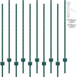 10 PACK VEVOR 5 FT. FENCE POST, T-POST METAL STAKES FOR GARDEN YARD, LAWN, GREEN