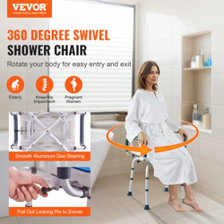 VEVOR SHOWER CHAIR 360 SWIVEL TUB SHOWER SEAT WITH ARMRESTS & BACKREST 400LBS