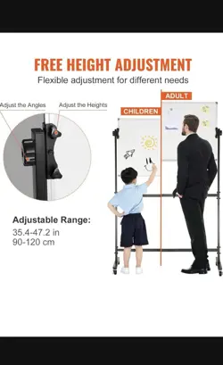 ROLLING MAGNETIC WHITEBOARD, DOUBLE-SIDED 36X24 INCHES, ADJUSTABLE, WHEELS