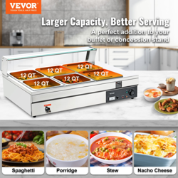 VEVOR 6-PAN COMMERCIAL FOOD WARMER, 6 X 12QT ELECTRIC STEAM TABLE WITH TEMPERED 