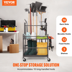 VEVOR GARDEN TOOL ORGANIZER, 16 SLOTS WITH HOOKS, YARD TOOL TOWER RACK WITH WHEE