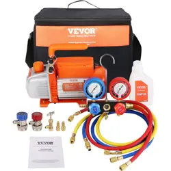 VEVOR 4CFM 1/4 HP HVAC VACUUM PUMP   MANIFOLD GAUGE SET W/ HOSE CARRY BAG R32