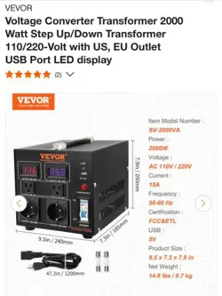 VEVOR VOLTAGE CONVERTER TRANSFORMER,2000W HEAVY DUTY STEP UP/DOWN TRANSFORMER