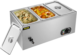 VEVOR 110V 3-PAN COMMERCIAL FOOD WARMER, 1200W ELECTRIC STEAM TABLE 15CM/6INCH