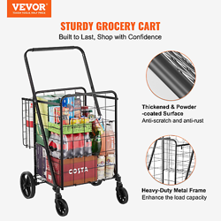 VEVOR FOLDING SHOPPING CART, JUMBO GROCERY CART WITH DOUBLE BASKETS, 360 SWIVEL