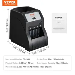 VEVOR USD COIN SORTER, COIN SORTER MACHINE FOR USD COIN 1? 5? 10? 25?, SORTS UP