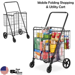 MOBILE FOLDING SHOPPING CART UTILITY GROCERY CART W/ WHEELS & BASKETS HEAVY DUTY
