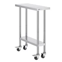 VEVOR STAINLESS STEEL WORK TABLE 30 X 12 X 38 INCH, WITH 4 WHEELS, 3 ADJUSTABLE