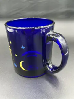 FREE SHIPPING VTG LIBBEY COBALT BLUE GLASS 12OZ MUG CELESTIAL SUN MOON FRIENDS