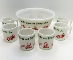 VTG HAZEL ATLAS CHRISTMAS TOM & JERRY MILK GLASS EGG NOG PUNCH BOWL SET 6 MUGS