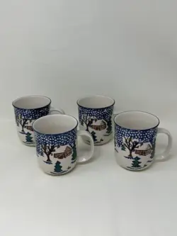 LIBBEY CABIN IN THE SNOW CHRISTMAS COFFEE MUGS /  CUPS SET OF 4 ~ VINTAGE