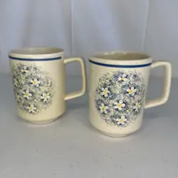 SET OF 2 VINTAGE TEMPER-WARE BY LENOX DEWDROPS GRAND MUGS USA BLUE RIM FREE SHIP