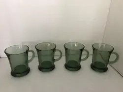 4 VINTAGE ANCHOR HOCKING FOOTED FERN GREEN GLASS HANDLED COFFEE MUG CUP 4.5