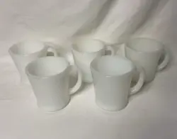 VINTAGE 5 FIRE KING MUGS WHITE MILK GLASS D-HANDLE COFFEE CUPS 10 OZ