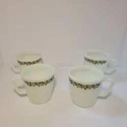 4 VINTAGE PYREX CRAZY DAISY SPRING BLOSSOM GREEN COFFEE CUPS MUGS MILK GLASS