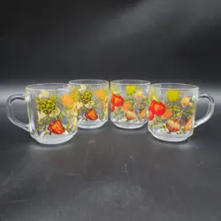 ARCOROC FRANCE SPICE OF LIFE GLASS CUPS MUGS VEGETABLES VINTAGE SET OF 4