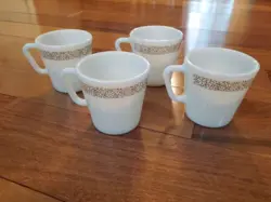 4 VINTAGE PYREX MUGS WOODLAND BROWN MILK GLASS 8 OZ COFFEE CUPS SET