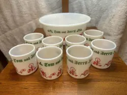 VINTAGE TOM & JERRY GLASS CHRISTMAS EGG NOG PUNCH BOWL SET, 8 MUGS HAZEL-ATLAS