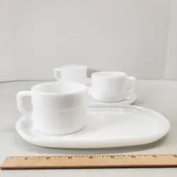 VTG FEDERAL MILK GLASS 3 SNACK SETS TRAYS PLATE & CUPS MUGS TEXTURED FARMHOUSE