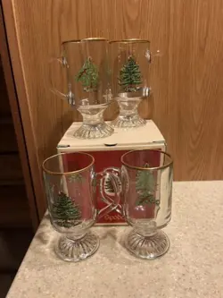 VINTAGE SPODE CHRISTMAS TREE, SET OF 4 CLEAR GLASS IRISH COFFEE MUGS W/ BOX
