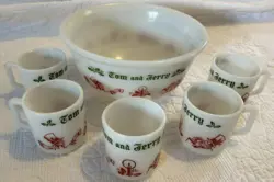 VTG HAZEL ATLAS TOM & JERRY MILK GLASS CHRISTMAS PUNCH BOWL SET 5 MUGS EGG NOG