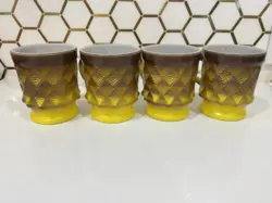FIRE KING ANCHOR HOCKING COFFEE MUG CUP KIMBERLY DIAMOND YELLOW SET OF 4 VINTAGE