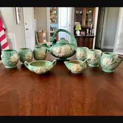 VINTAGE NILE GREEN ROSEVILLE POTTERY PEONY TEAPOT SET AND SIX CUPS/MUGS