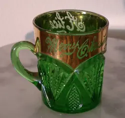 EAPG HEISEY GILDED EMERALD GREEN PINEAPPLE AND FAN SOUVENIR HANDLED MUG