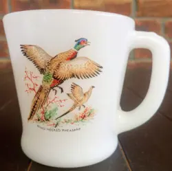VINTAGE FIRE KING ANCHOR HOCKING D-HANDLE COFFEE CUP MUG RING NECKED PHEASANT