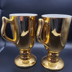 VINTAGE HALL CHINA FOOTED 22K GOLD IRISH COFFEE MUG #1273 MADE IN USA SET OF 2