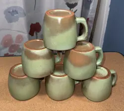 VINTAGE FRANKOMA POTTERY 5C PRAIRIE GREEN PLAINSMAN COFFEE MUG SET OF 6 RARE