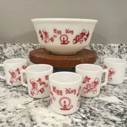 HAZEL ATLAS VTG 1950S MILK GLASS CHRISTMAS EGG NOG PUNCH BOWL SET WITH 5 MUGS