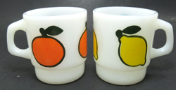VTG FIRE KING ANCHOR HOCKING LOT 2 COFFEE CUP MUG MILK GLASS ORANGE & LEMON
