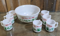 VTG HAZEL ATLAS TOM & JERRY MILK GLASS CHRISTMAS PUNCH BOWL SET 7 MUGS EGGNOG