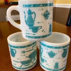 SET OF 3 VINTAGE HAZEL ATLAS COFFEE TEA MUG MILK GLASS TURQUOISE BLUE WHITE