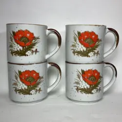 VINTAGE JAPAN SPECKLED STONEWARE WITH FLOWERS COFFEE MUGS CUPS SET OF 4