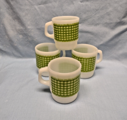 VINTAGE FIRE KING MUGS GREEN GINGHAM PLAID STACKABLE MILK GLASS MUGS SET OF FOUR