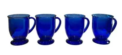 ANCHOR HOCKING COBALT BLUE GLASS FOOTED PEDESTAL CAFé MUGS VINTAGE SET OF 4 14OZ