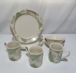 VINTAGE CORELLE TEXTURED LEAVES BEIGE MIXED DISHES PLATES BOWLS MUGS 10 PIECES