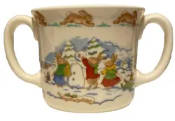 VINTAGE BUNNYKINS ROYAL DOULTON MUG CUP 2 HANDLED SNOW SNOWMAN SLEDDING