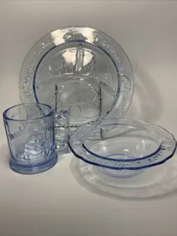 TIARA INDIANA GLASS BLUE CHILD'S NURSERY RHYME PLATE MUG BOWL SET MOTHER GOOSE