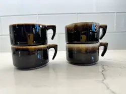 SET OF 4 VINTAGE PFALTZGRAFF BROWN DRIP GLAZE TEA CUPS/COFFEE MUGS MARKED USA