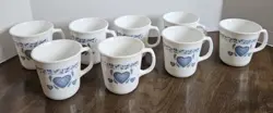 VINTAGE CORNING WARE CORELLE BLUE SPONGE HEART COFFEE MUGS CUPS SET OF 8