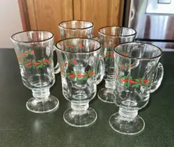 VTG SET OF 6 LIBBEY IRISH  COFFEE MUGS W/HOLLY BERRY & BOWS GOLD RIM CHRISTMAS