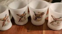 FIRE KING MILK GLASS COFFEE CUPS MUGS GAME BIRDS OVEN WARE VINTAGE SET OF 4