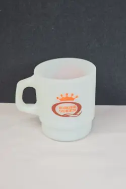 VINTAGE BURGER QUEEN GOOD MORNING WHITE FIRE KING CUP COFFEE MUG MILK GLASS